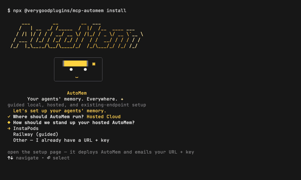 The AutoMem installer asking how to stand up hosted AutoMem, with InstaPods, Railway (guided), and an existing-URL option